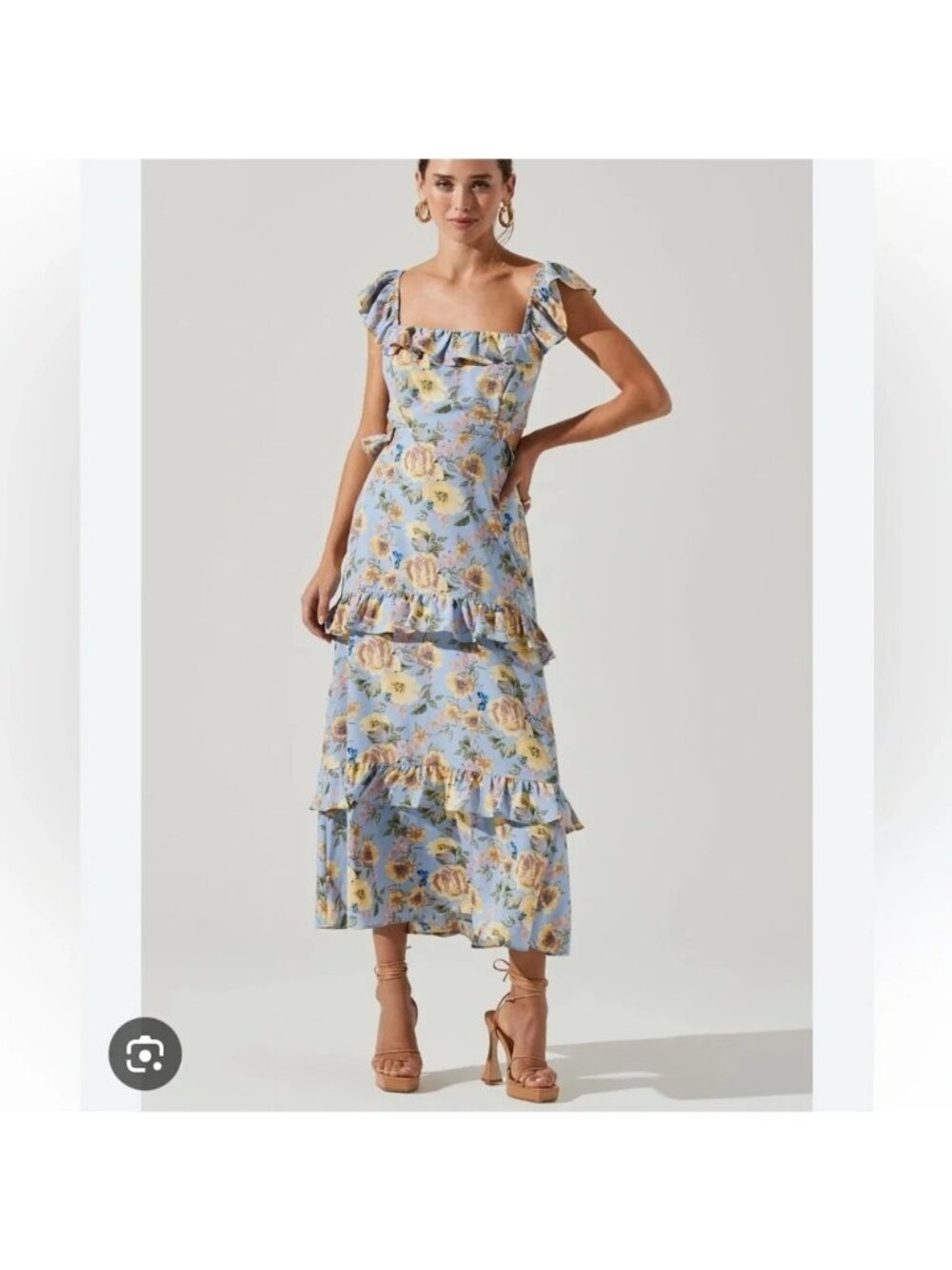 ASTR The Label Dress S Blue Yellow Floral Ruffle Tiered Cutout Bow Cottagecore - Picture 1 of 10